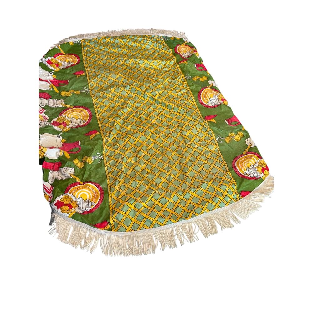 Vintage 60s groovy hippie Tablecloth Vinyl with tassel hem Retro Round 50”
